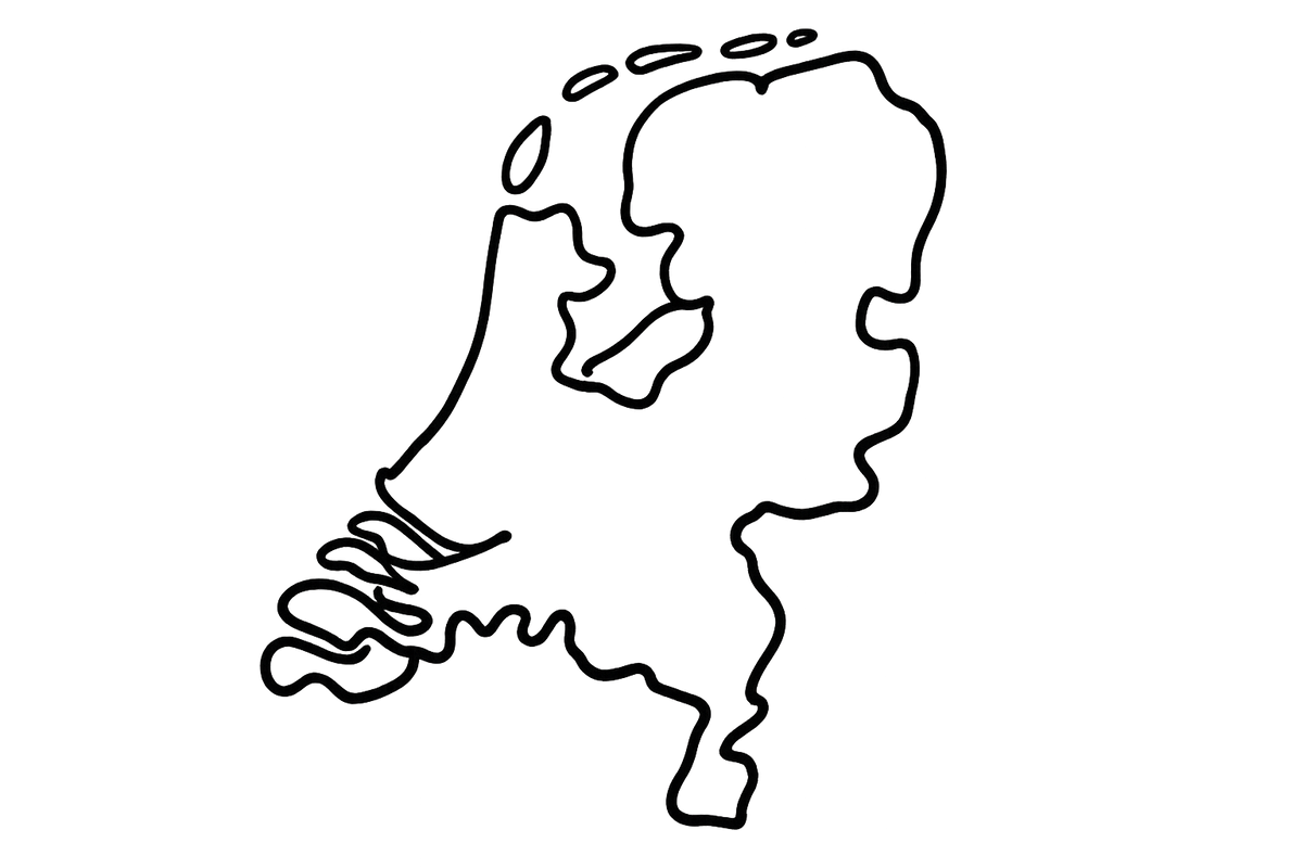 maak een speelse kaart van Nederland zonder opvulling en doorzihtige achtegrond met semi dikke zwarte lijn